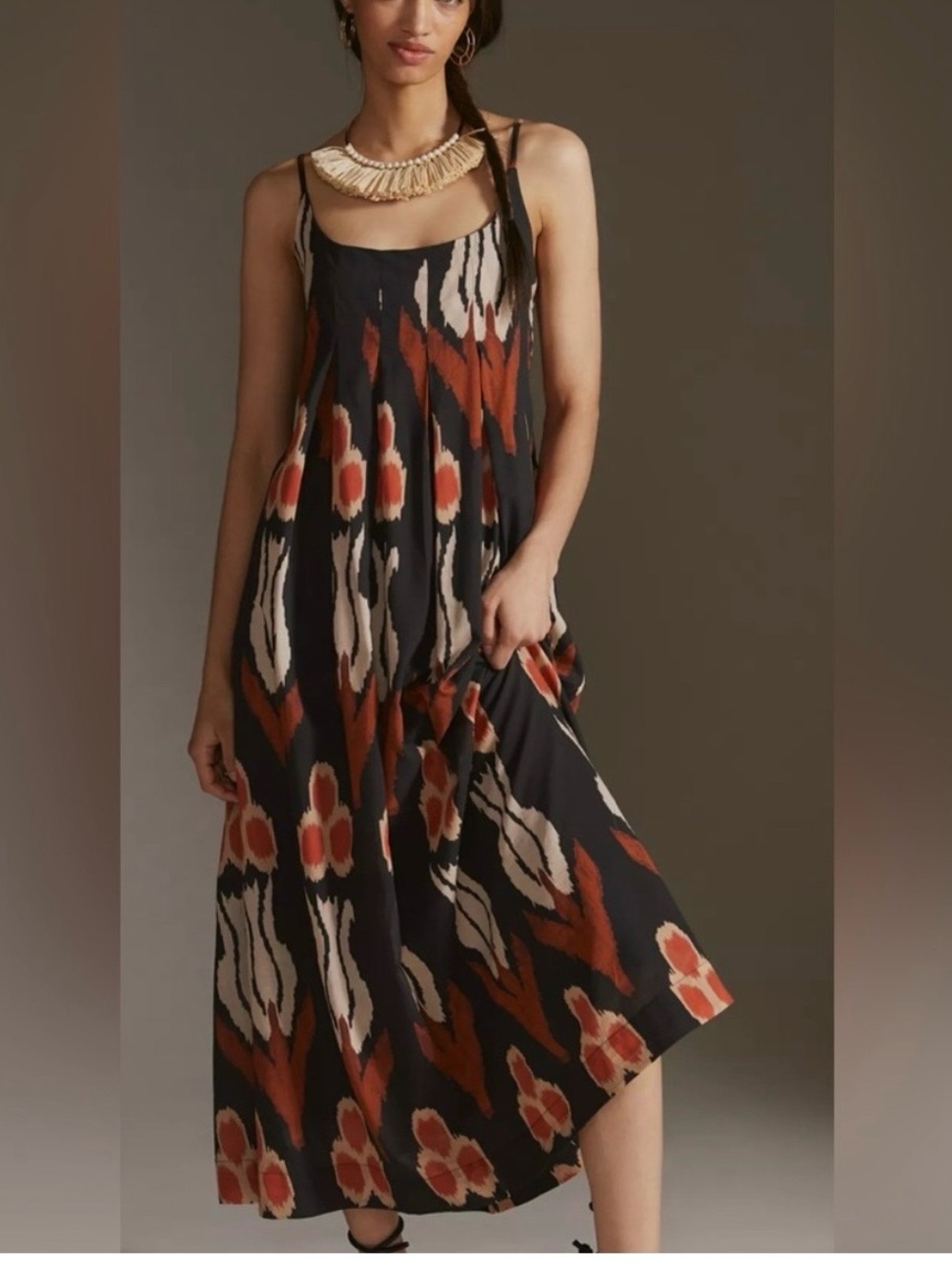 Anthropologie Black Maxi Dress with Rust & Cream Floral Pattern